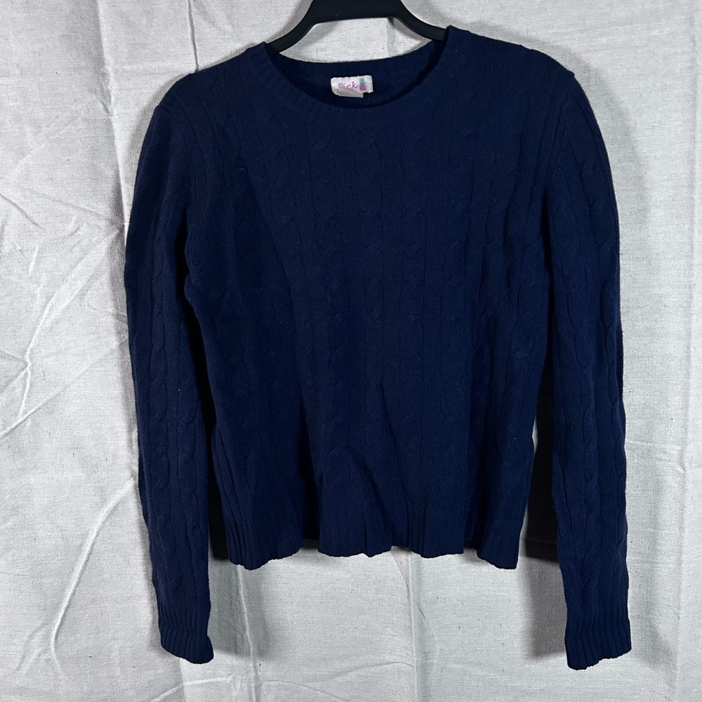 Pink Pineapple Navy Blue 100% Cashmere Cable Knit Crewneck Sweater Womens L